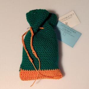 NEW! Handmade Crochet Green Yarn Orange Mason Cord Small Drawstring Belt Pouch